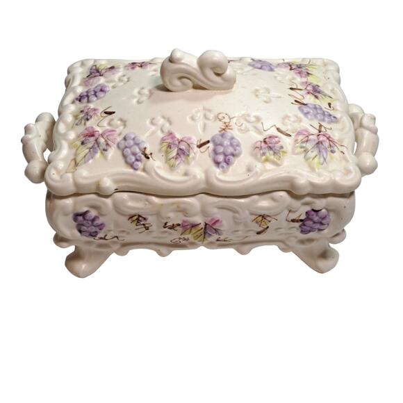 Vintage Lenwile Ardalt Painted Porcelain Covered Trinket Box Fleur de Lis Grapes